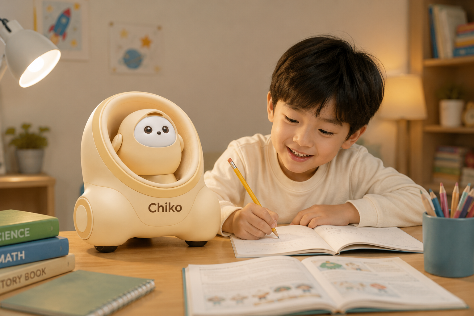 robot AI Chiko của ByteHome có thể đồng hành cùng trẻ trong quá trình đặt câu hỏi, tìm hiểu kiến thức và luyện phản xạ.